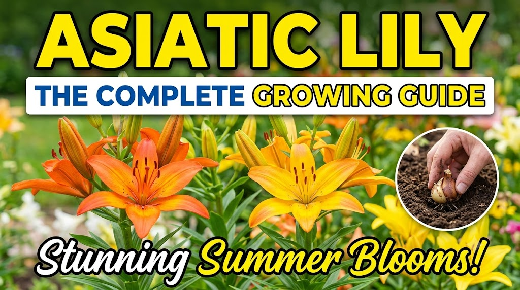 Bright and colorful Asiatic lilies blooming in a summer garden with bold title text highlighting a complete growing guide, planting depth, spacing, and care tips for healthy blooms.