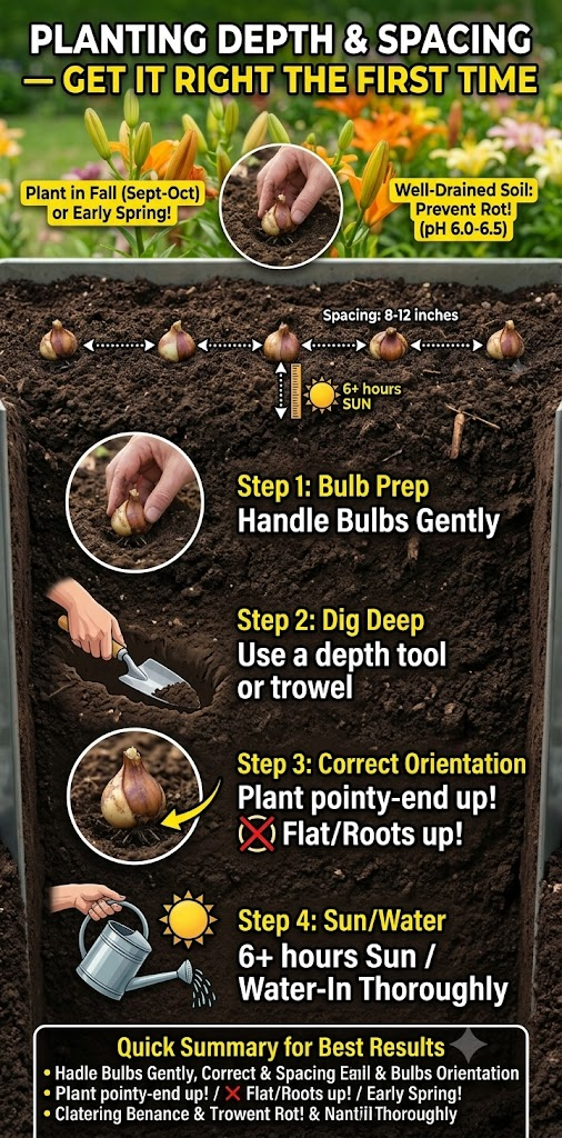 Asiatic lily bulbs planting depth 4–6 inches and spacing 8–12 inches guide for healthy summer flower growth
