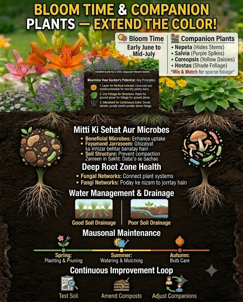 Garden design with Asiatic lilies paired with salvia, nepeta, and coreopsis companion plants for extended summer color