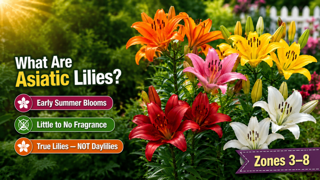 Colorful Asiatic lilies blooming in summer garden with guide text about planting, care, and growing zones 3–8