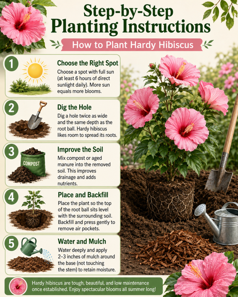 Step by step planting hardy hibiscus in garden soil with shovel, compost and watering care guide