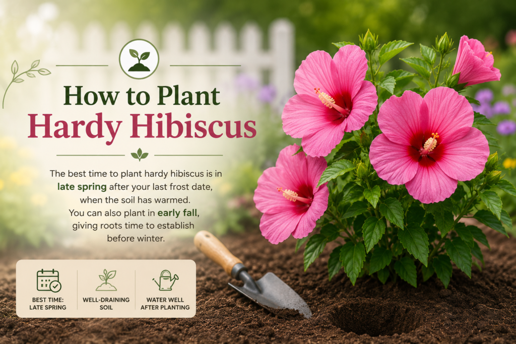 What is hardy hibiscus plant with large pink flowers growing in garden during summer season
