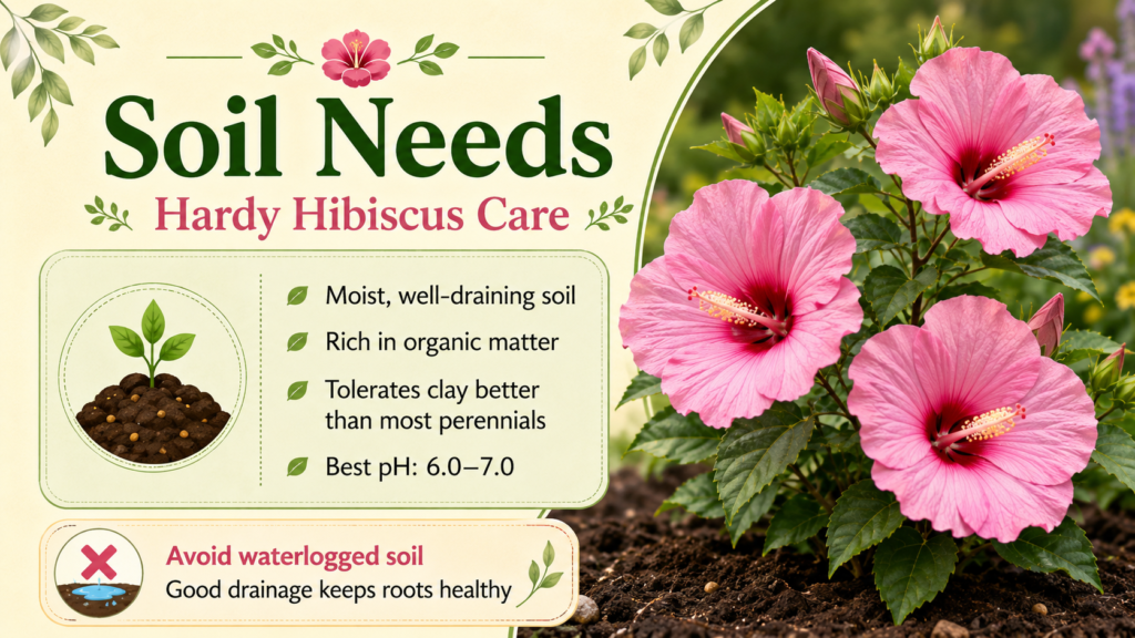 Hardy hibiscus care showing sunlight soil and watering needs for healthy flowering plant growth