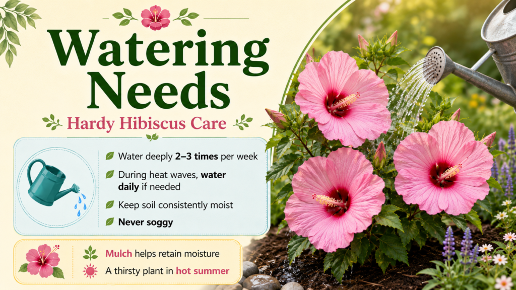 Hardy hibiscus care showing sunlight soil and watering needs for healthy flowering plant growth