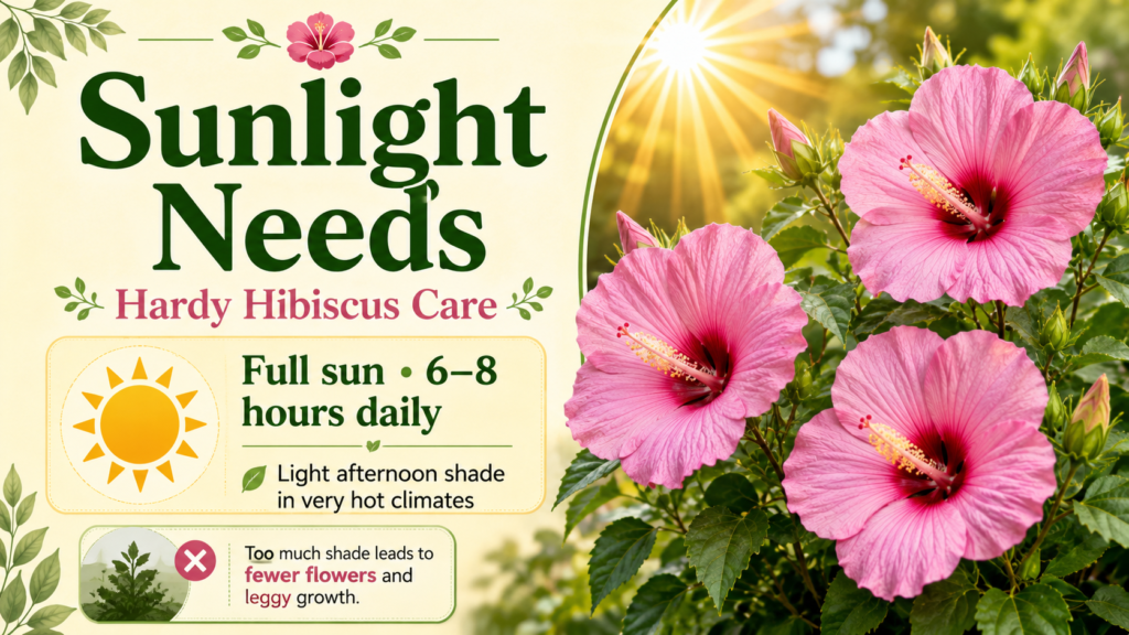 Hardy hibiscus care showing sunlight soil and watering needs for healthy flowering plant growth