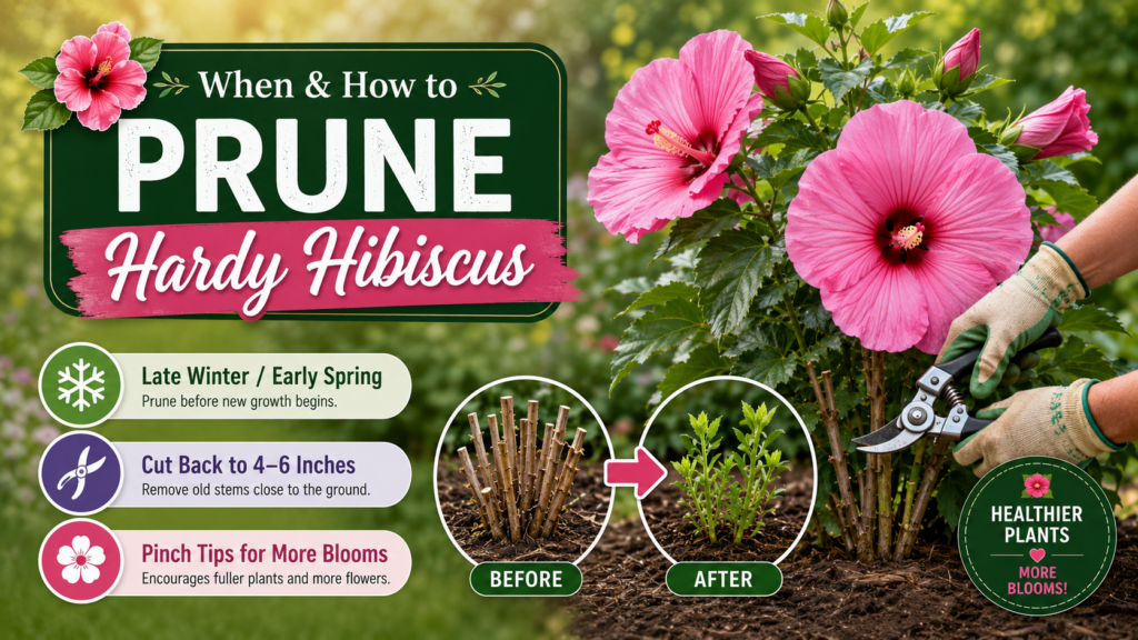 Pruning hardy hibiscus stems in early spring to encourage bushy growth and more flowers