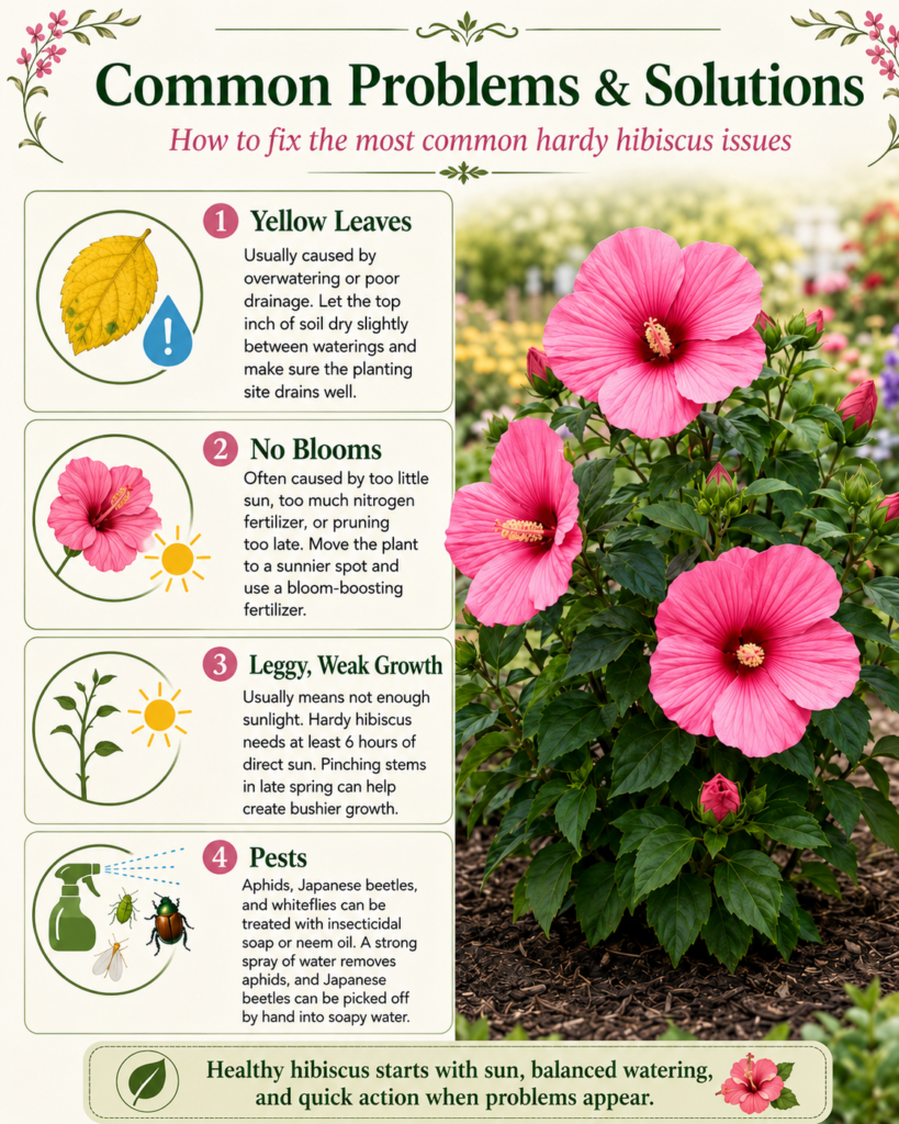 Hardy hibiscus plant problems like yellow leaves pests and no blooms with gardening solutions