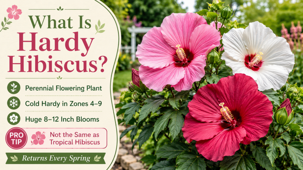 What is hardy hibiscus plant with large pink flowers growing in garden during summer season
