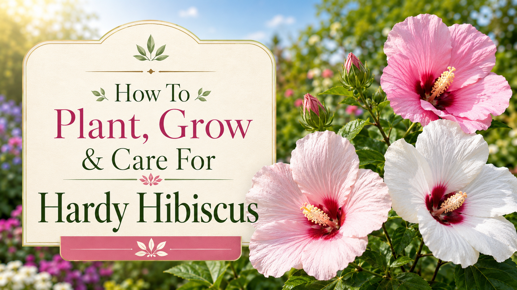Thumbnail showing large pink and white hardy hibiscus flowers in a sunny garden beside the title “How To Plant, Grow & Care For Hardy Hibiscus” in an elegant decorative text panel.