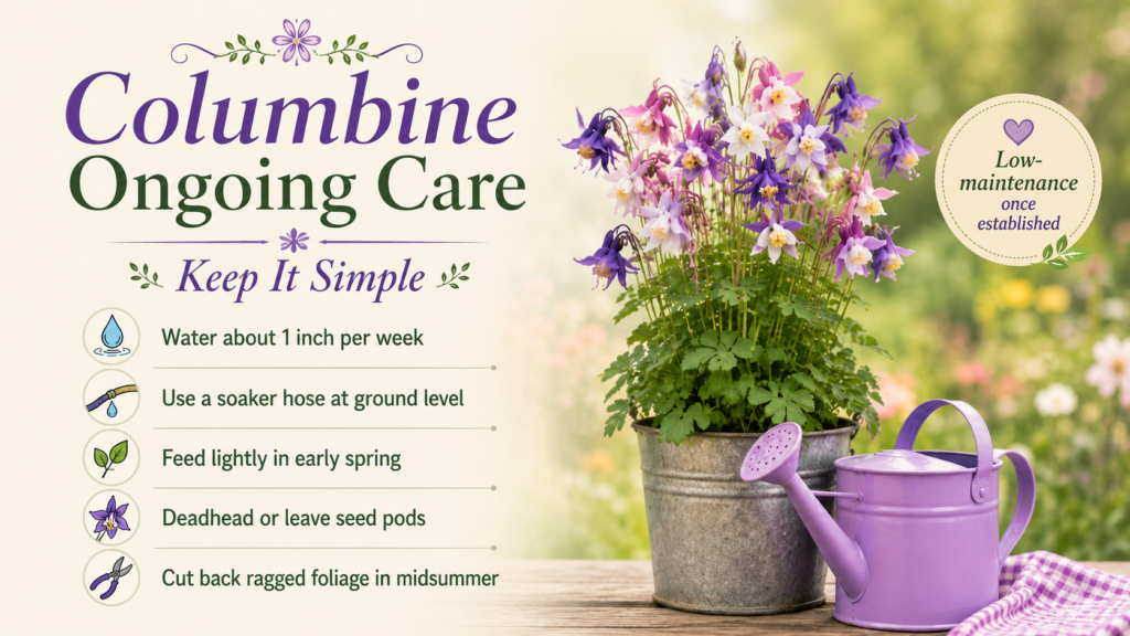 Columbine Flower — How To Grow And Care With Success Columbine flower care routine showing watering, mulching, and pruning in a healthy home garden environment