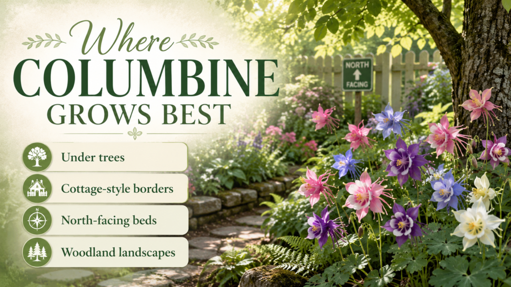 Columbine Flower — How To Grow And Care With Success Columbine flowers growing in partial shade woodland garden with soft sunlight and natural forest background