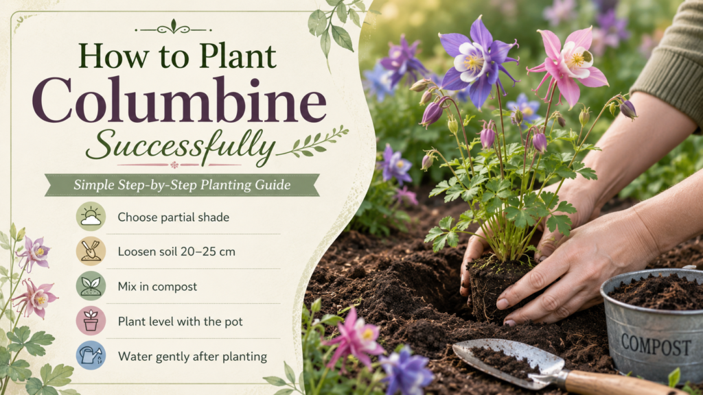 Columbine Flower — How To Grow And Care With Success Gardener planting Columbine flowers in soil with compost in a shaded garden bed using step-by-step planting method