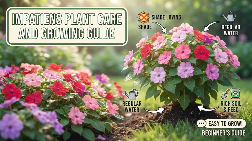 Healthy pink and white impatiens growing in containers on a shaded patio.