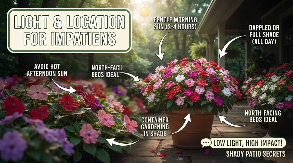 Infographic showing light, watering, fertilizer, soil, and spacing requirements for impatiens.