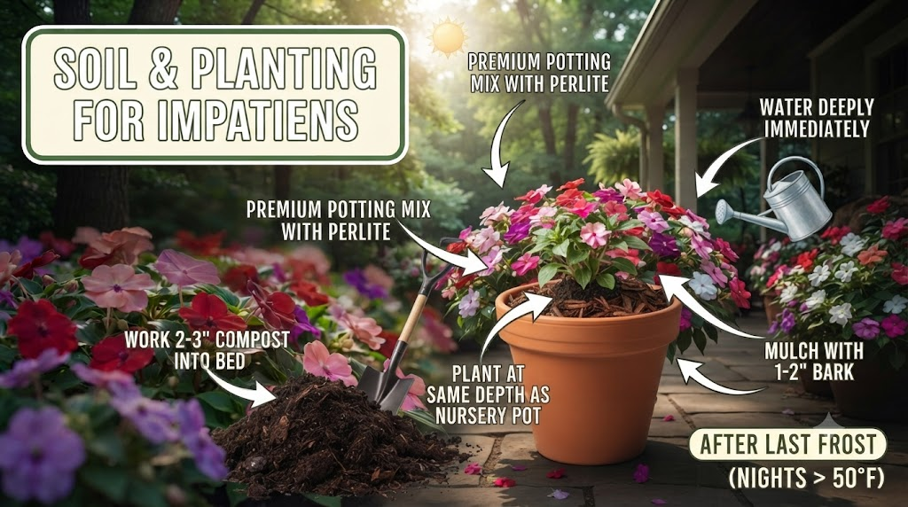 Gardener planting colorful impatiens in rich compost-amended soil.