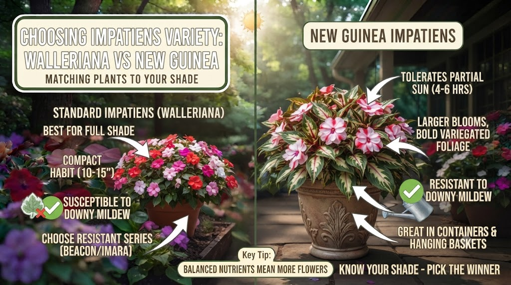New Guinea impatiens with large colorful flowers growing in partial shade.
