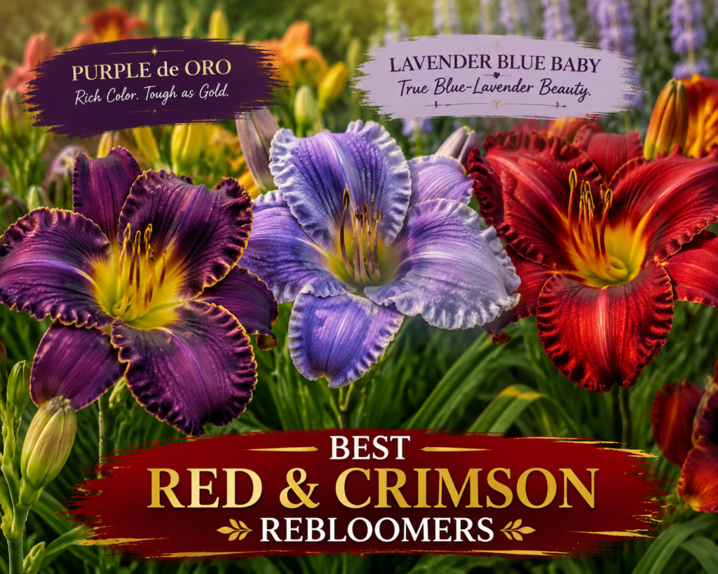 Deep cranberry-red Pardon Me daylily bloom with a contrasting bright green throat.

'Rosy Returns' Image: Rose-red Rosy Returns daylily flower displaying a distinctive dark eye zone.