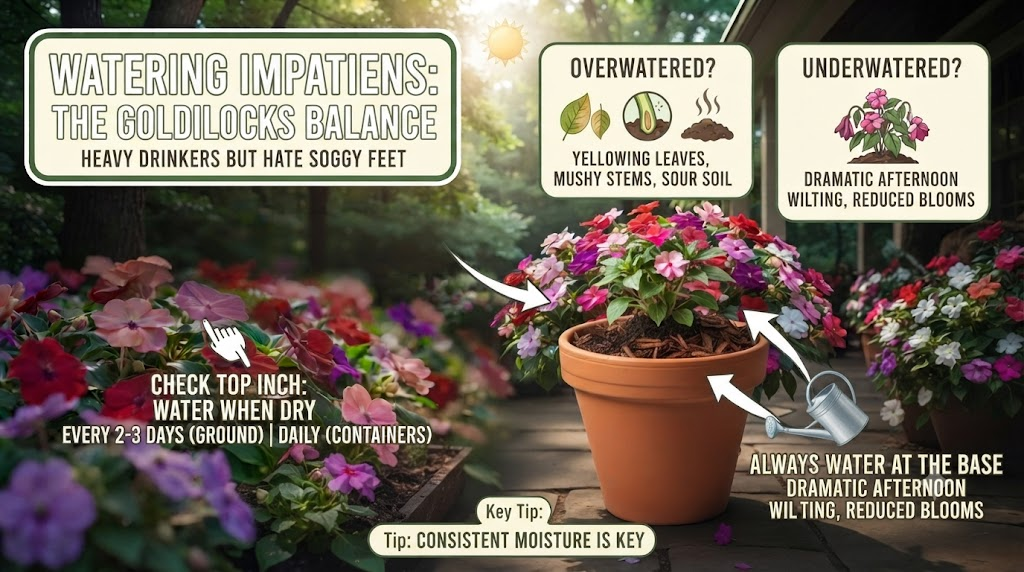 Watering impatiens at the base to keep soil evenly moist and prevent disease.