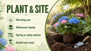 Hydrangea care for healthy hydrangeas with beautiful colorful blooms in a garden