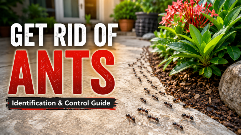 Ants crawling near a plant in a garden before pest control treatment