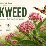 Milkweed plants growing with pink flowers and green leaves in a sunny garden