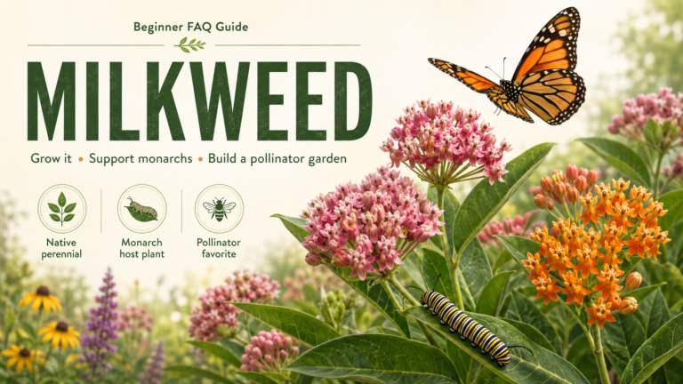 Milkweed plants growing with pink flowers and green leaves in a sunny garden