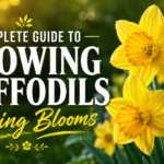 Daffodil flowers blooming beautifully in a sunny spring garden with bright yellow petals and green foliage