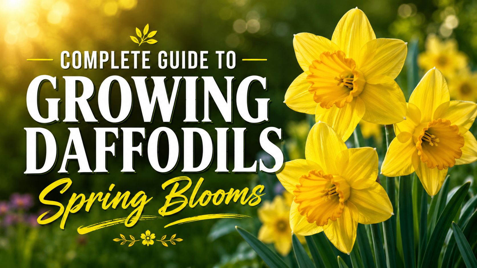 Daffodil flowers blooming beautifully in a sunny spring garden with bright yellow petals and green foliage