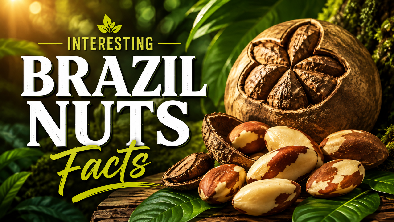 Brazil nuts in their shells and kernels displayed on a wooden surface with fresh green leaves