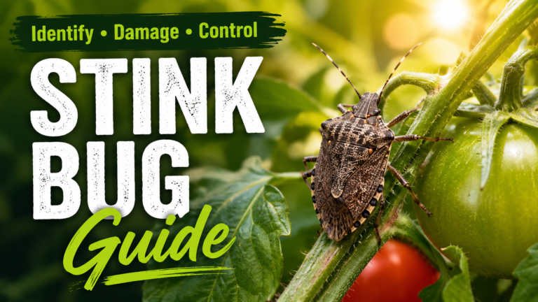 Stink bug resting on a green garden plant