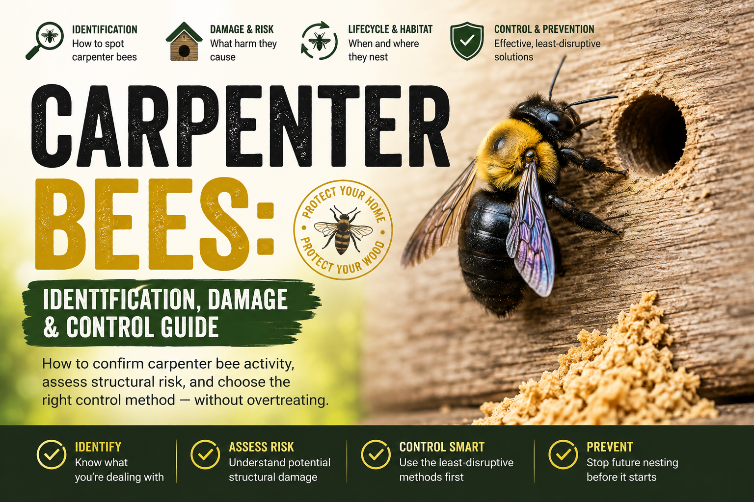 Carpenter Bees: Identification, Damage & Control Guide Carpenter bee resting on a wooden surface near a garden