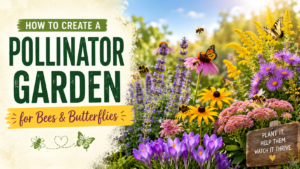 Pollinator garden filled with colorful flowers attracting bees and butterflies
