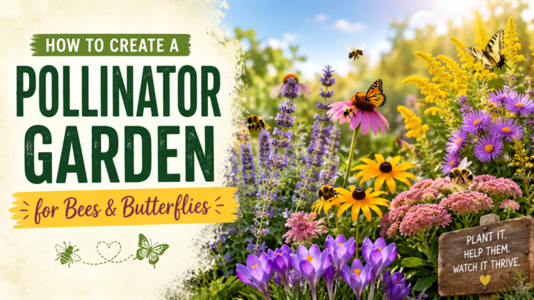 Pollinator garden filled with colorful flowers attracting bees and butterflies