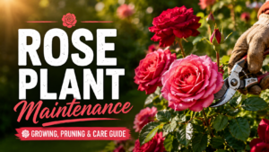 Healthy rose plant blooming with colorful flowers in a well-maintained garden