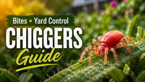 Chiggers on grass and vegetation in a garden environment