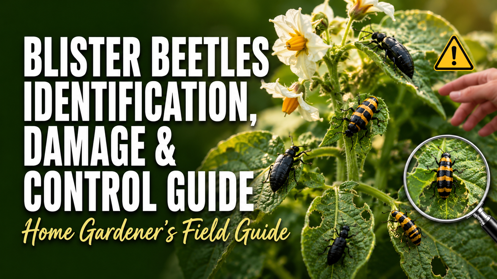 Blister beetle on a garden plant showing identification features and damage