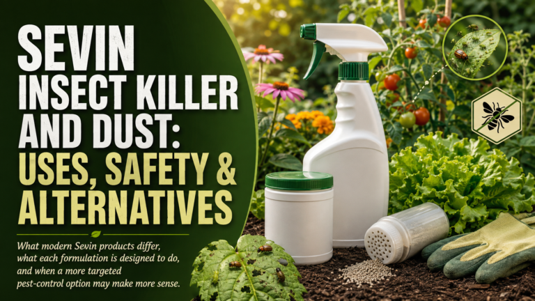 Sevin insect killer and dust for garden pest control, showing uses, safety considerations, and alternatives.