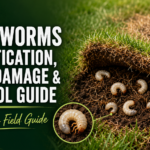 Grub worms in soil beneath damaged grass roots