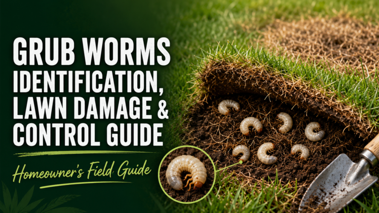Grub worms in soil beneath damaged grass roots