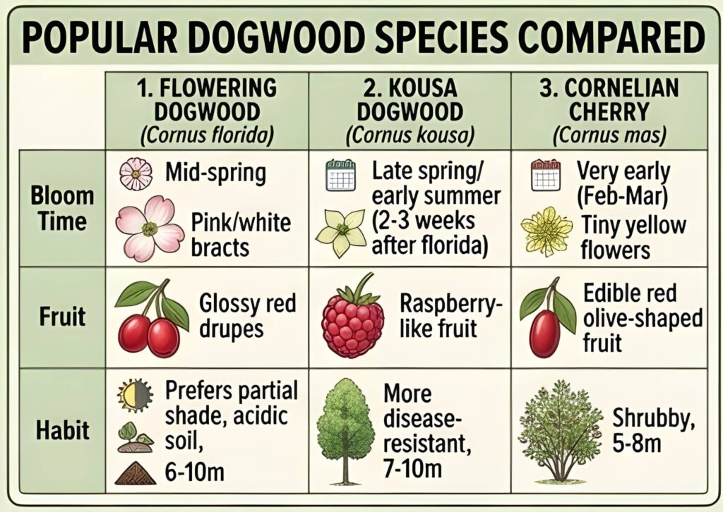 popular dogwood species compared.
Dogwood tree displaying colorful red berries among green leaves.