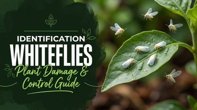 Whiteflies on a plant, showing tiny white insects feeding on leaves and causing plant damage.
