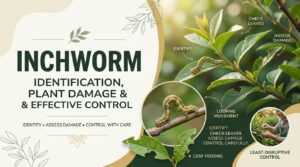 Green inch worm crawling along a garden leaf and feeding on plant foliage