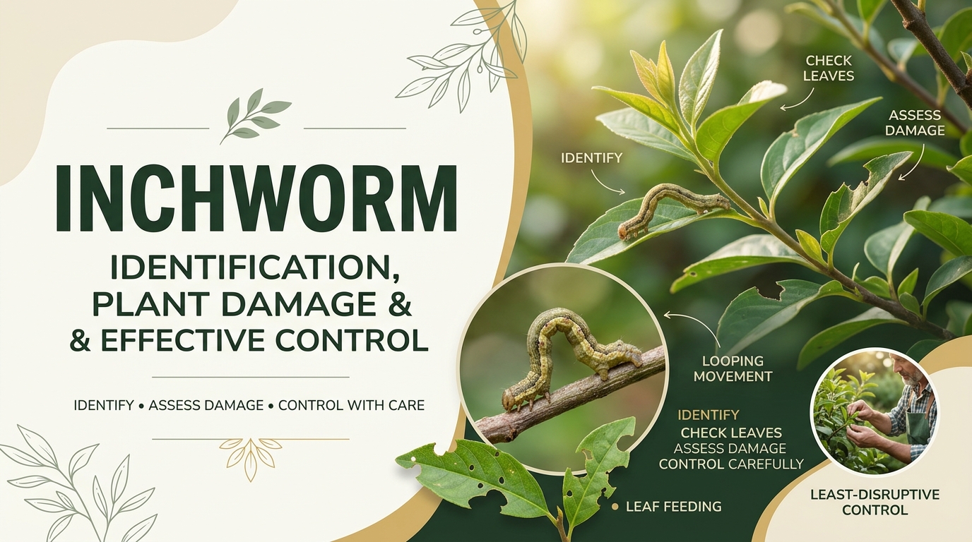Green inch worm crawling along a garden leaf and feeding on plant foliage