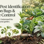 Garden pest identification infographic showing aphids, beetles, caterpillars, slugs and plant damage in a home garden.