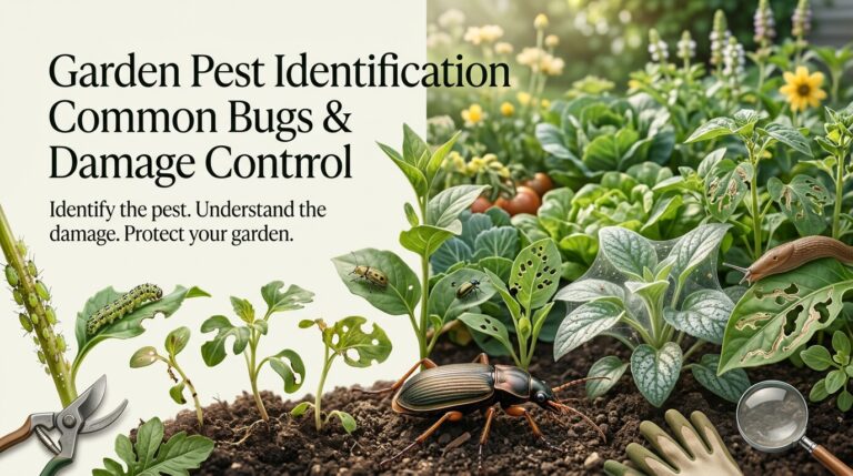 Garden pest identification infographic showing aphids, beetles, caterpillars, slugs and plant damage in a home garden.
