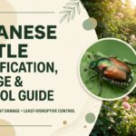 Japanese beetles feeding on leaves and causing visible damage to a garden plant