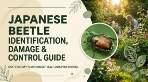 Japanese beetles feeding on leaves and causing visible damage to a garden plant