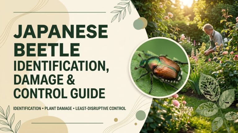 Japanese beetles feeding on leaves and causing visible damage to a garden plant