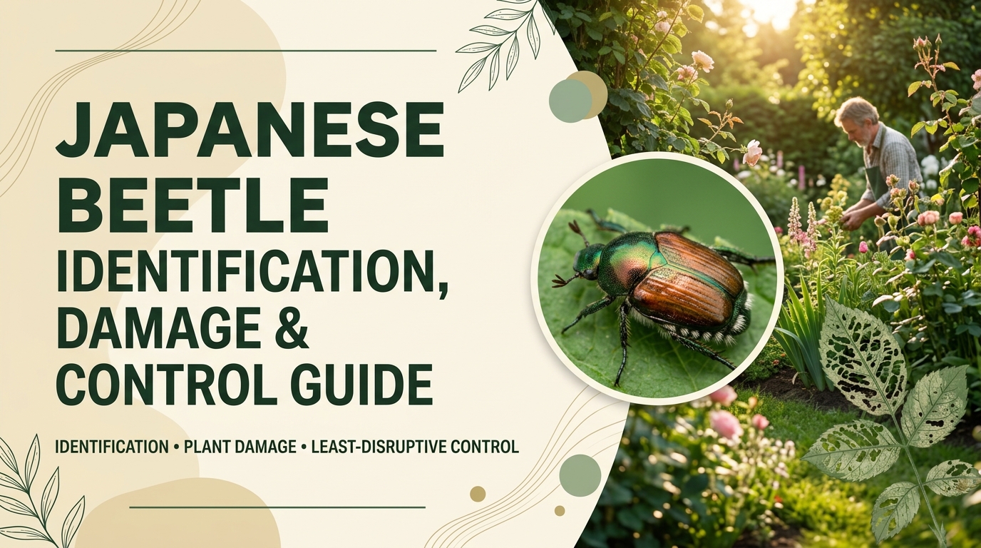 Japanese beetles feeding on leaves and causing visible damage to a garden plant