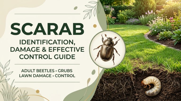 Scarab beetle resting on a garden plant with green leaves and visible feeding damage